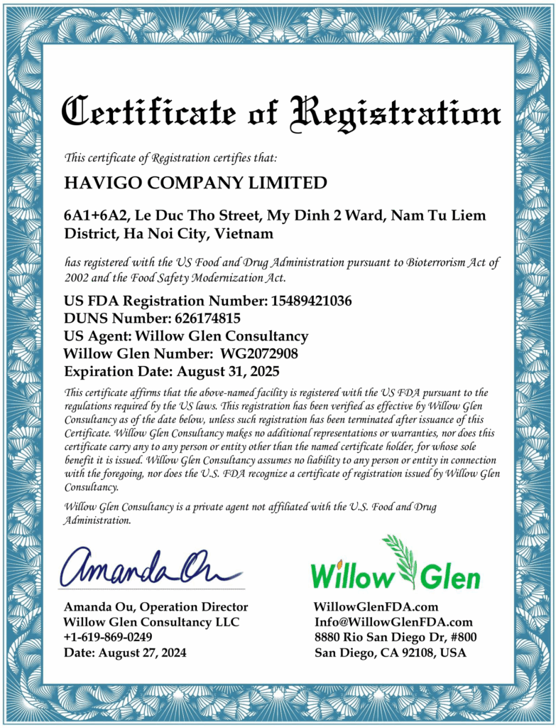 HAVIGO FDA Certificate