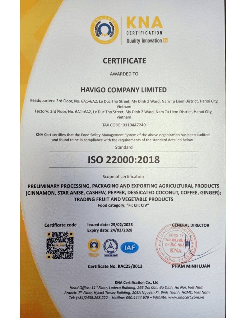 HAVIGO CERTIFICATE